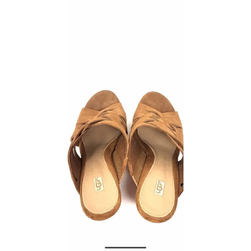 UGG Marta chestnut cork, slip on wedges, size 8W soft suede with woven straps al
